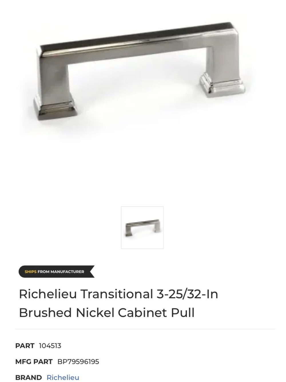 Richelieu Brushed Nickel Cabinet Pulls - Modern L-Shape, Brushed Nickel
